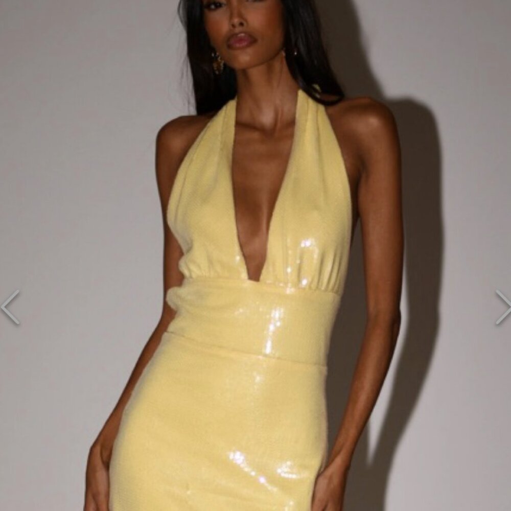 Meshki Carleigh Sequin Halter Mini Dress - Lemon